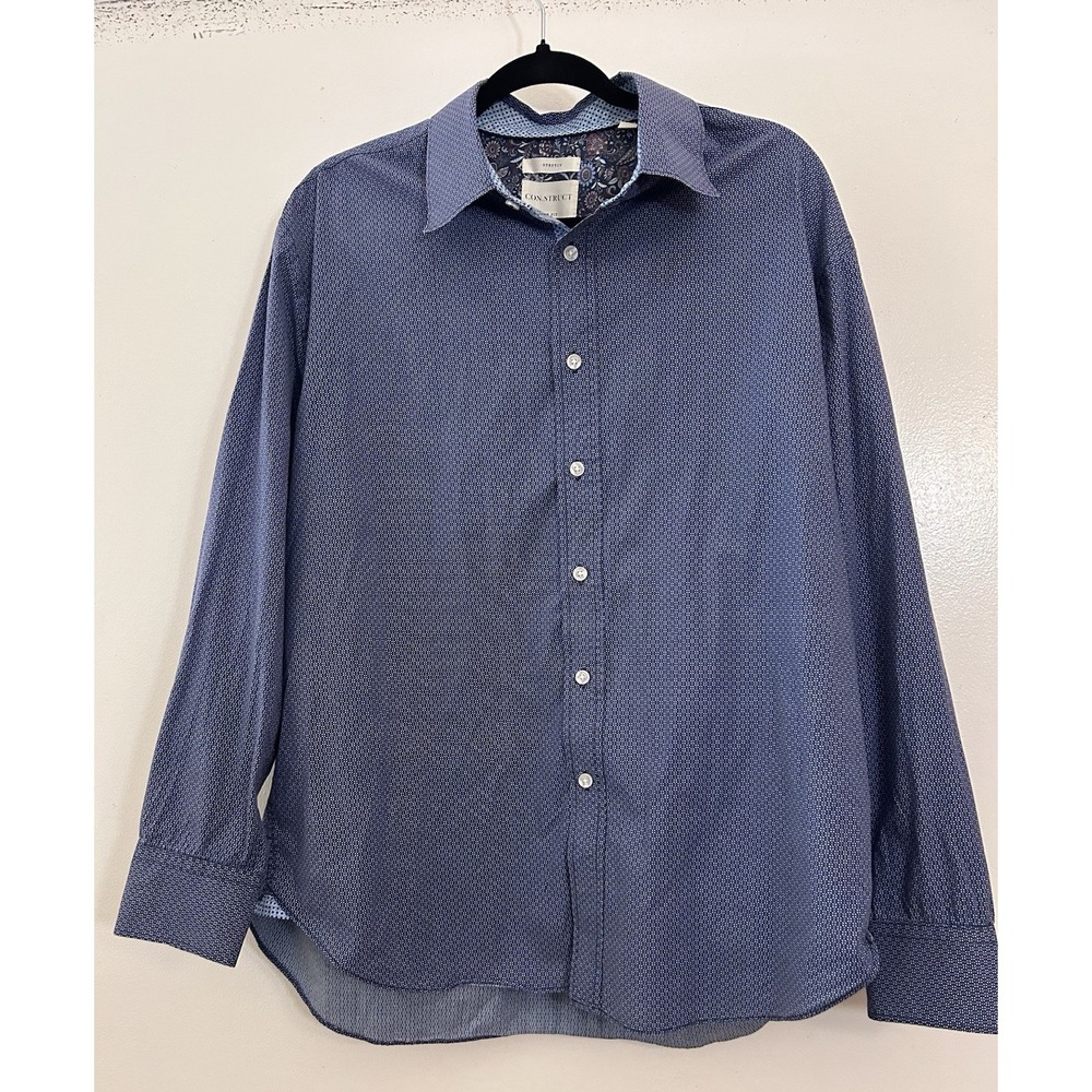 CON.STRUCT Stretch Button-Up Shirt Slim Fit Blue Geo Print Size Men's Large